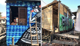 Artistas grafitam casas de madeira em favela no Maranhão