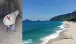 Pato é encontrado na praia da Macumba usando meias e crucifixo