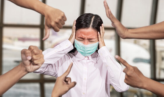 Asian woman was sick with high fever wearing hygienic mask are b