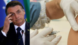 À esquerda, Bolsonaro. à direita, aplicação de vacina. Silêncio do governo privou Brasil de ser 1º no mundo a vacinar contra covid