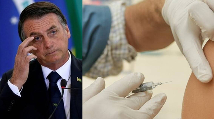 À esquerda, Bolsonaro. à direita, aplicação de vacina. Silêncio do governo privou Brasil de ser 1º no mundo a vacinar contra covid