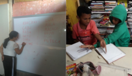 mulher da aula de reforco para criancas em barraco
