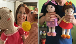 mulher doa bonecos de crochê para crianças com câncer