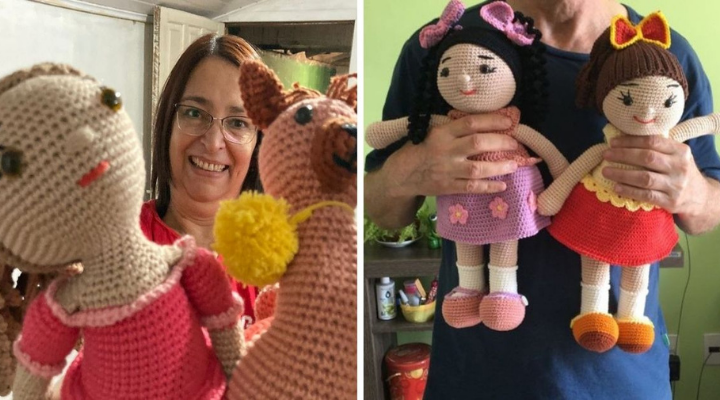 mulher doa bonecos de crochê para crianças com câncer