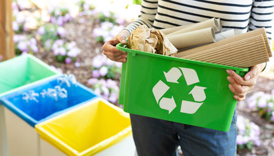 Close-up of a green basket with a recycling symbol with papers h