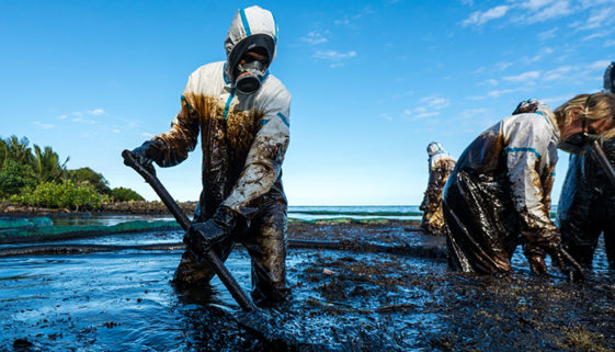 Volunteers clean the ocean coast from oil after a tanker wreck.