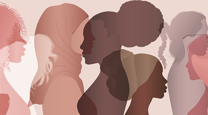 Imagem com silhuetas de vários perfis femininos desenhados em tons de marrom, bege e vermelho. | Dia D: Combate à violência contra mulheres e meninas