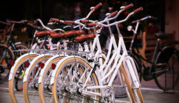 Foto de quatro bikes de quadro branco e e bancos e guidão marrons, estacionadas uma rente a outra. Ao fundo aparecem mais bikes.
