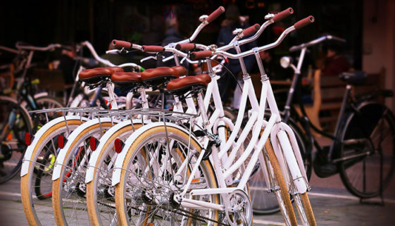 Foto de quatro bikes de quadro branco e e bancos e guidão marrons, estacionadas uma rente a outra. Ao fundo aparecem mais bikes.
