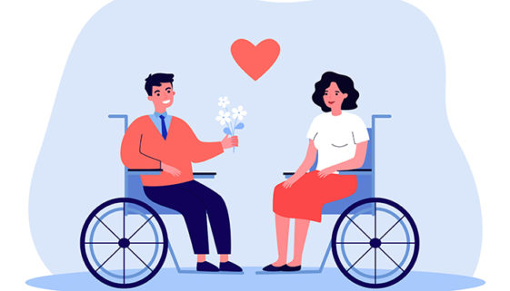 Desenhos de duas pessoas em cadeiras de rodas. O homem, à esquerda, oferece flores brancas à mulher, à direita da imagem. Um coração foi desenhado entre os dois.