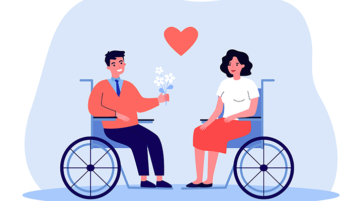 Desenhos de duas pessoas em cadeiras de rodas. O homem, à esquerda, oferece flores brancas à mulher, à direita da imagem. Um coração foi desenhado entre os dois.