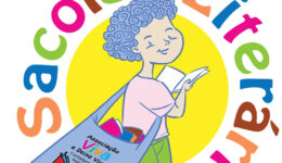 Desenho de um garoto de cabelos encaracolados, segurando um livreto e carregando uma sacola transpassada em seu tronco com vários livros dentro.