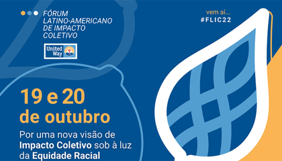 Imagem de divulgação do Fórum Latino-Americano de Impacto Coletivo em azul, branco e amarelo.