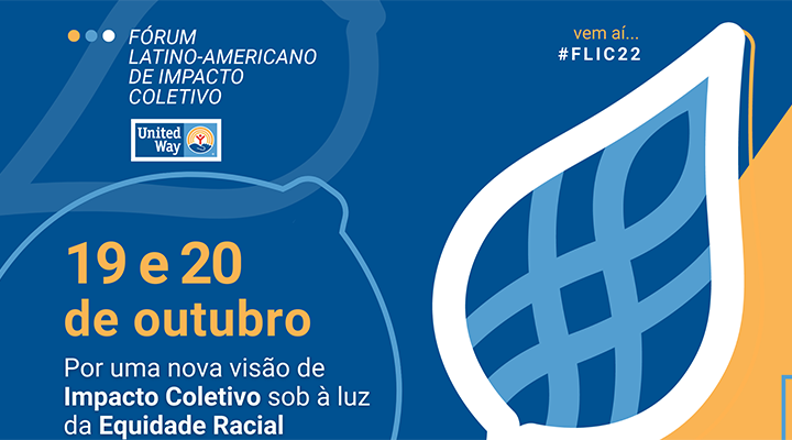 Imagem de divulgação do Fórum Latino-Americano de Impacto Coletivo em azul, branco e amarelo.
