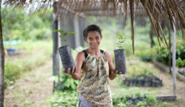Uma mulher negra segura duas mudas de plantas, uma em cada mão, dentro de saquinhos pretos em formato de vasos. Ela sorri. Está à frente de uma espécie de horta, com muitas mudas ao chão. Está de dia.