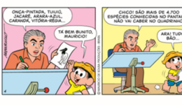 Tirinha de Mauricio de Sousa com Chico Bento conversando sobre as espécies presentes no Pantanal.