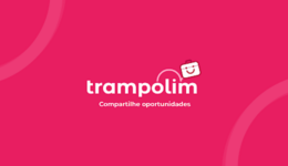 Imagem de fundo rosa e título, em branco "trampolim", com subtítulo na linha debaixo "Compartilhe oportunidades"