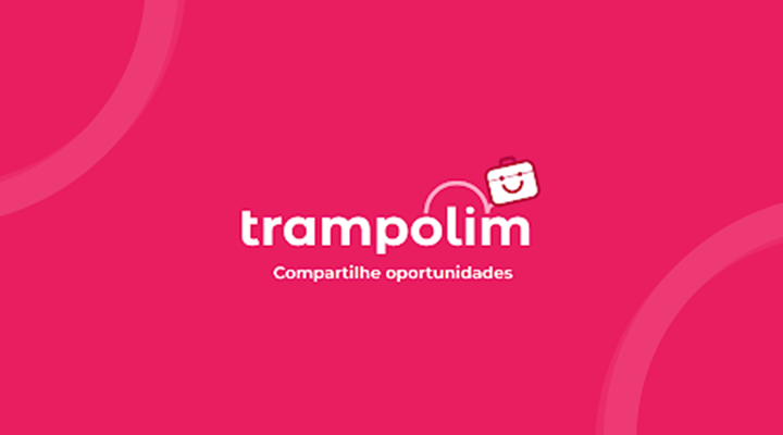 Imagem de fundo rosa e título, em branco "trampolim", com subtítulo na linha debaixo "Compartilhe oportunidades"