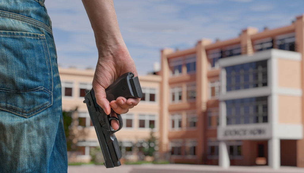 Gun control concept. Young armed man holds pistol in hand in pub