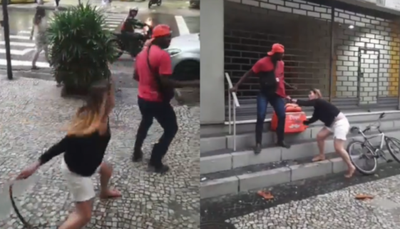 Mulher chicoteia, com coleira de cachorro, entregador negro no Rio