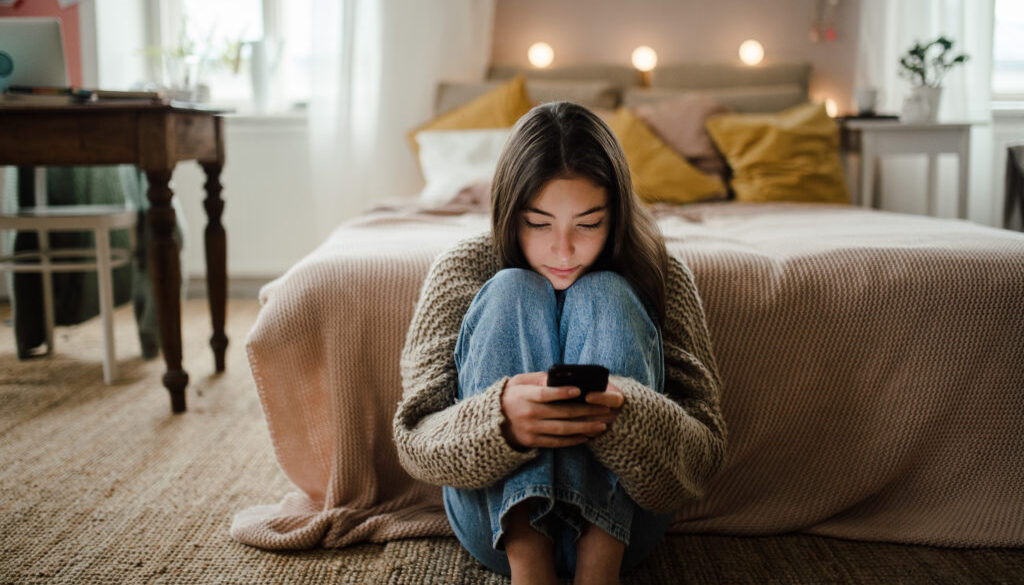 Teenage girl sitting on the floor and scrolling her smartphone.
