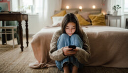 Teenage girl sitting on the floor and scrolling her smartphone.