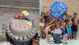 Menino do Piauí emociona a internet ao comemorar aniversário com bolo de areia