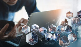 Digital technology, global business network connection, data analysis, social media marketing, digital software development, teamwork and business strategy, internet technology