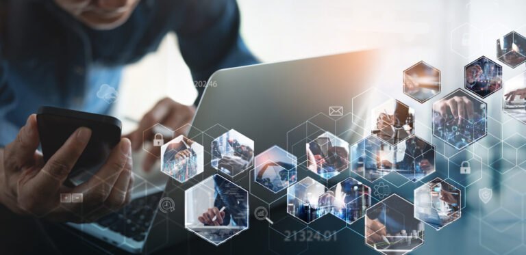 Digital technology, global business network connection, data analysis, social media marketing, digital software development, teamwork and business strategy, internet technology
