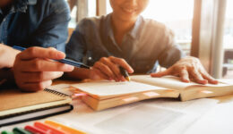 Education concept. Student studying and brainstorming campus con