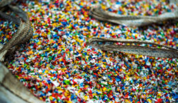 Shredded plastic garbage at waste recycling factory